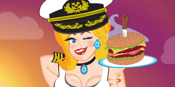 illustration of Mary holding a hamburger on a tray