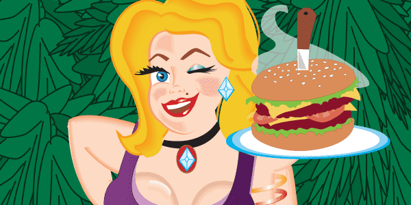 illustration of Mary holding a hamburger on a tray
