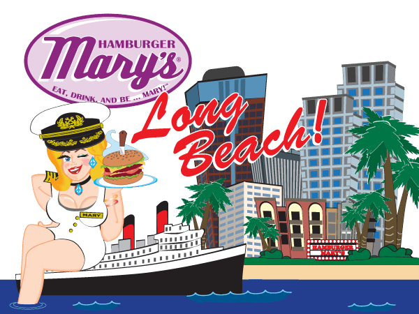 Hamburger Mary's Long Beach. Illustration of Mary in front of the Long Beach skyline.